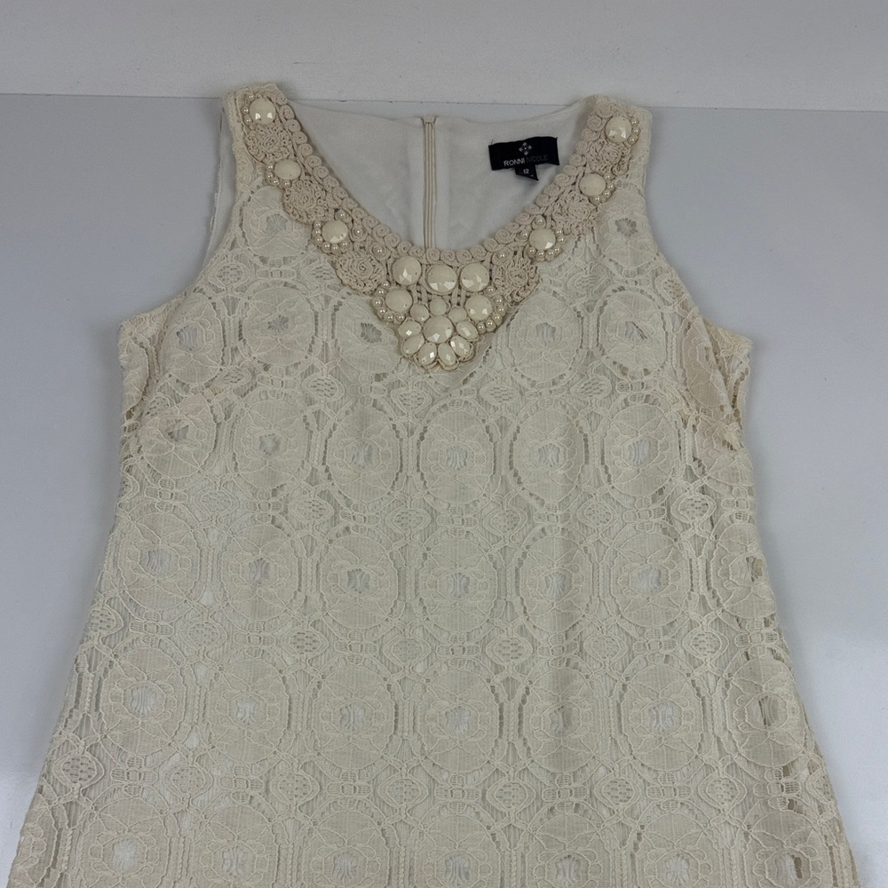 Ronni Nicole Cream Lace Mini Dress with Embellished Neckline Knee Length